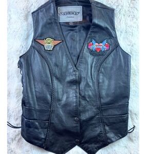 UNIK Premium Leather Biker Vest Womens XL Black Braided Side Harley Patches. A21